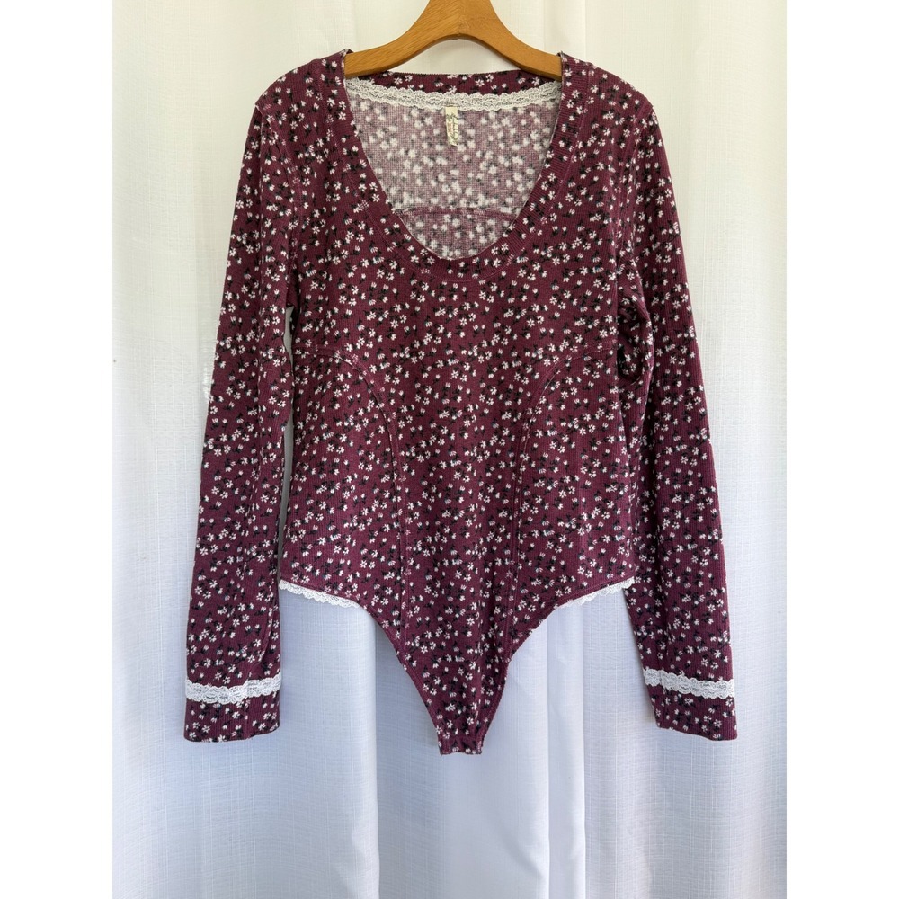 Free People Intimately Thermal Bodysuit Size XL Burgundy Floral Lace Trim